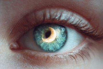 Close-up of surreal eye featuring moon texture in iris and pupil