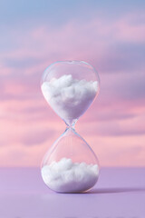 Hourglass filled with clouds creates a surreal dreamlike atmosphere
