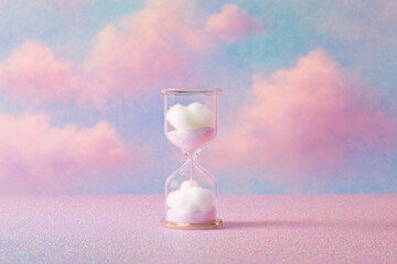 Dreamy hourglass filled with clouds under pastel skies
