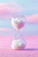 Magical hourglass filled with clouds creates a dreamlike atmosphere