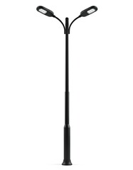 Modern double-headed black street lamp post with LED lights, isolated on a clean white background. This tall, sleek pole represents urban infrastructure, city lighting, and modern design elements.