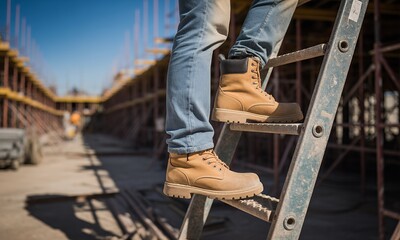 Construction Worker Climbing Ladder at Building Site