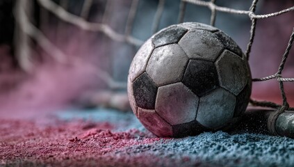 A vintage soccer ball rests near a goal, dusted in colorful powder