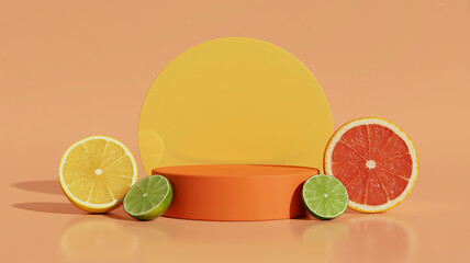 Orange podium with citrus fruits lemon lime and grapefruit on pastel background
