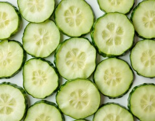 Top view of fresh cucumber slices, vibrant green skin, juicy white pulp with visible seeds. Healthy ingredient, perfect for salads skincare, offers crisp texture, pure freshness.