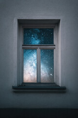 Window to a star-filled night sky revealing cosmic wonders beyond