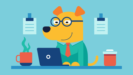 Dog Office Worker A cheerful dog in oversized glasses sits at a desk typing away on a computer with a paw on the keyboard. The desk is cluttered with papers a coffee mug and a