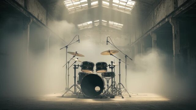 Atmospheric Drum Kit Setup in a Deserted Industrial Hall with Smoky Illumination