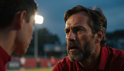 Coach intently discusses strategy with young soccer player under stadium lights. Evening discussion focuses on motivation, passion, teamwork. Fostering player development, building trust,