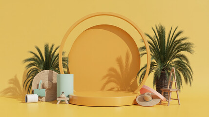Minimalist summer vacation theme with palm trees and empty podium for product display
