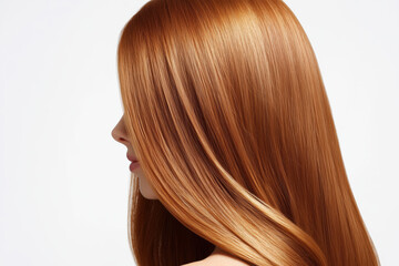 Naklejka premium Close-up profile view of a woman with long, smooth, shiny red hair against a clean white background, perfect for beauty, haircare, or salon-related content