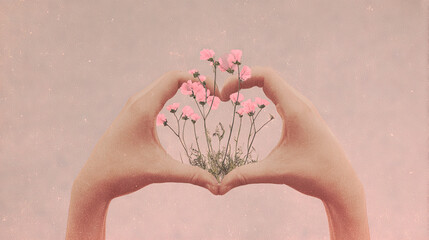 Hands create heart shape with flowers in vintage pink tones