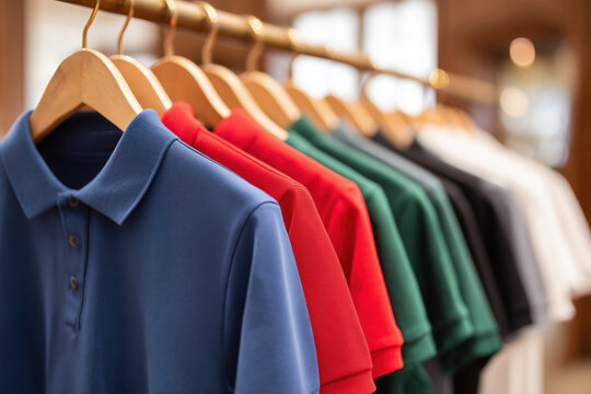 Colorful polo shirts on wooden hangers arranged on a clothing rack in a modern retail store, showcasing a range of classic casualwear in red, green, blue, black, and white tones