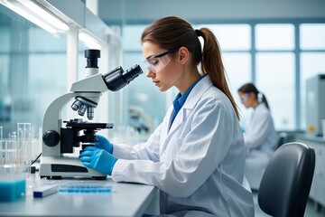 Woman scientist using microscope in laboratory for medical research and development