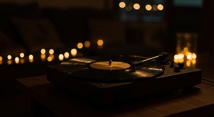 Obraz premium Cozy vintage record player under candlelight