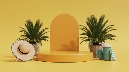 Yellow summer vacation product display podium with palm trees and beach accessories rendering
