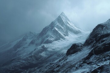 Dramatic Snowy Mountain Peak in Mist