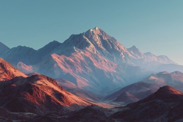 A stunning mountain landscape set against a bright blue sky.