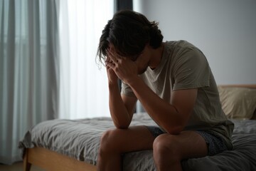 Man feeling sad and stressed alone on bed at home, mental health and depression concept