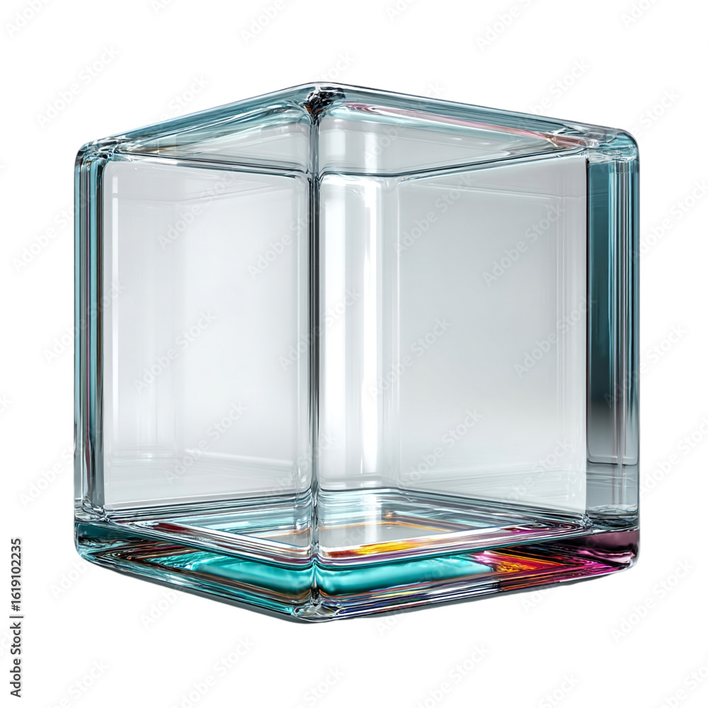Poster a clear glass cube with a colorful base against a dark background view isolated on transparent backg
