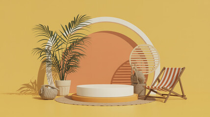 Modern summer product display with beach chair palm tree and elegant podium design