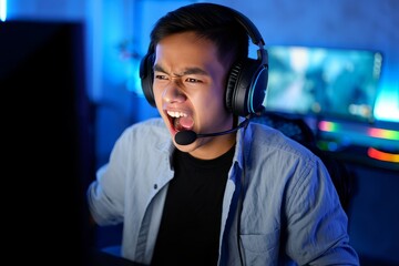 Angry gamer screaming while playing online video game wearing gaming headset at home