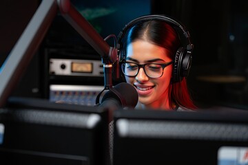 Woman radio host podcasting live on air broadcasting with microphone and headphones