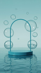 Abstract blue water scene with a podium and floating bubbles for product display