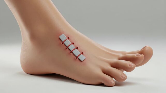 Foot surgical incision close up animation showcases healing process and skin recovery