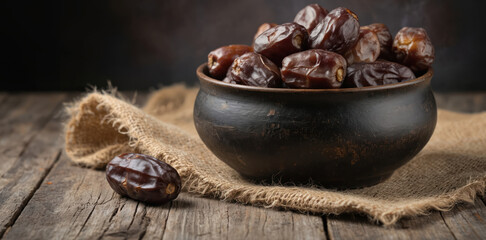 Rich Ajwa dates displayed in dark bowl on burlap over rustic wood. Sweet, organic, natural fruit essential for Ramadan, Islamic culture, healthy diet. Tasty, delicious dry snack, perfect ingredient