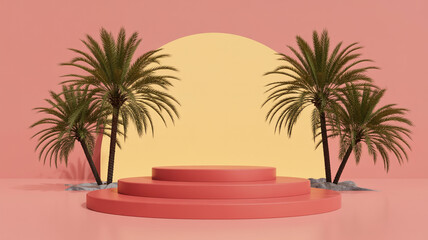Tropical summer scene with palm trees and a red podium for product display