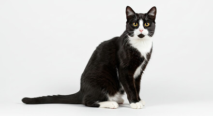 Obraz premium Black and White Cat Portrait Against White Background.