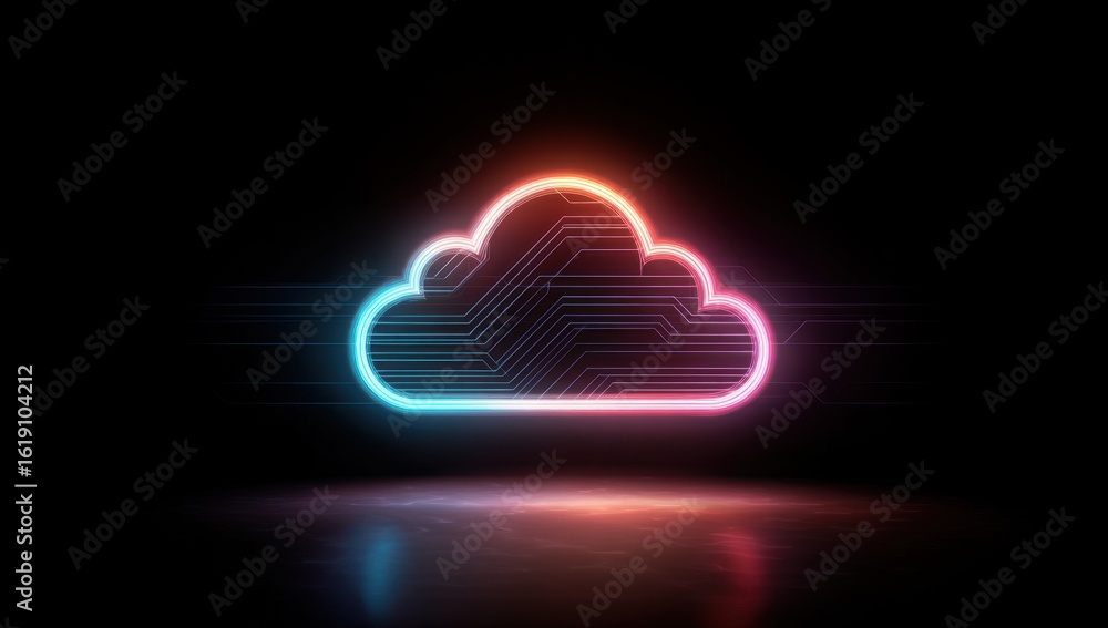 Poster a glowing cloud icon with circuit lines, representing technology and online storage the background i