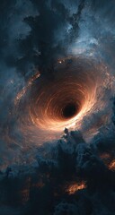 Cosmic vortex swirling in dark clouds, fiery glow, space background, for fantasy art