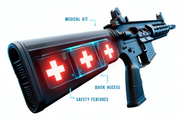 Conceptual firearm design featuring a built-in medical kit with quick access for tactical and survival preparedness.