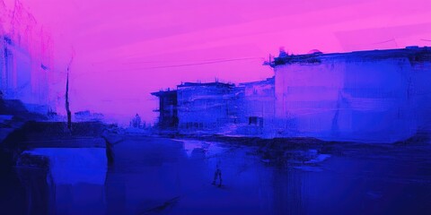 A vibrant, stylized cityscape bathed in vibrant pink and blue hues