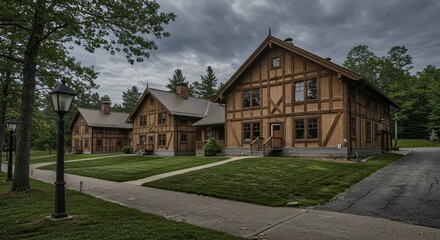 Obraz premium a large wooden house sitting on the side of a road
