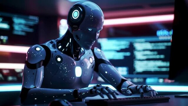A robot with a glowing, starry body typing on a keyboard in front of dual monitors displaying code, representing advanced artificial intelligence and technology.