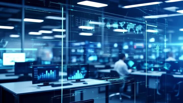 A futuristic data center with screens displaying graphs and symbols, and silhouettes working at computers - Powered by Adobe