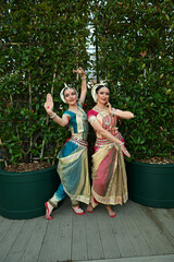 Two beautiful girls dancers in traditional Indian clothes in the park outdoors against the background of greenery in a dance pose