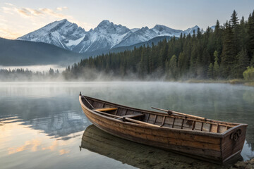 Obraz premium Photorealistic Old Wooden Rowboat Floating on Calm Mountain Lake with Mist and Pine Forest Under Soft Dawn Light