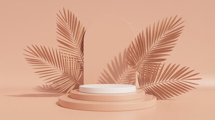 Elegant peach podium with palm leaves perfect for product presentation and aesthetic display