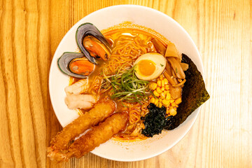 Seafood ramen in a bowl
