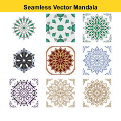 Geometric floral mandala patterns in various colors and styles vector