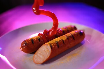 A close-up of a delicious German Currywurst being prepared with ketchup and curry powder under vibrant neon lights.