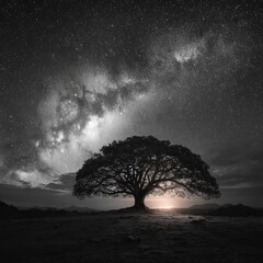 Majestic oak tree silhouetted against a night sky, milky way, starry background, peaceful landscape
