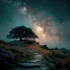 Night sky, Milky Way, solitary tree, hilltop path, tranquil scene