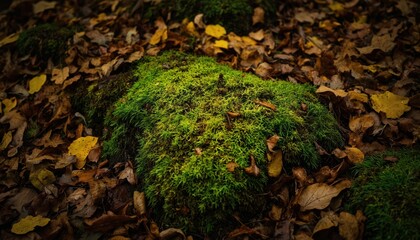 Closeup of vibrant green moss covering forest floor in fallen autumn leaves. Intricate natural texture details of organic plant life. Earthy, botanical surface providing serene backdrop for nature