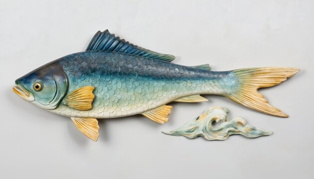 Intricate carved wooden fish wall art displays detailed scales, flowing fins in blue green, yellow hues. Hand-made sculpture enhances home decor with aquatic marine nature animal design. Adds elegant