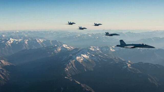 Majestic Flight: Precision Jets Soaring Above Snow-Capped Peaks in Clear Blue Sky